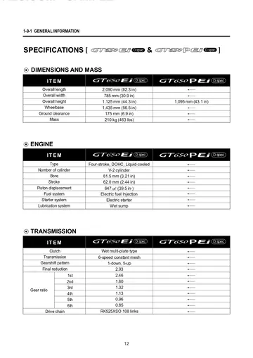 Hyosung GV650 Pro / GT650 FI Service Manual Supplement (2012) Sample Preview: GT650 and GT650P D-spec EFI engine and six-speed transmission specifications