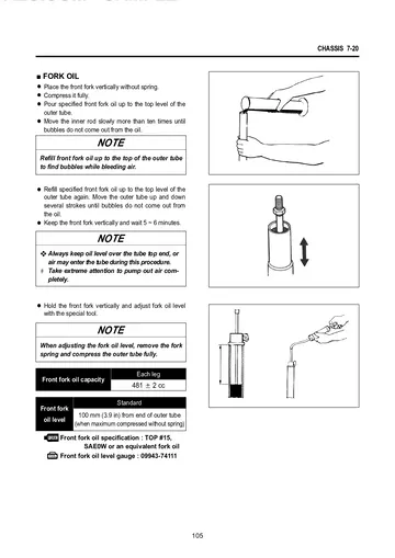 Hyosung GV650 Pro / GT650 FI Service Manual Supplement (2012) Sample Preview: 2013 GT650R front-fork oil filling, bleeding and level-setting procedure