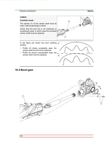 Moto Guzzi Stelvio Service Manual (2024) Sample Preview: Cardan shaft inspection and rear bevel-drive exploded component illustration
