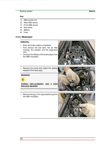 Moto Guzzi Stelvio Service Manual (2024) Sample Preview: ABS modulator removal procedures and workshop photographs