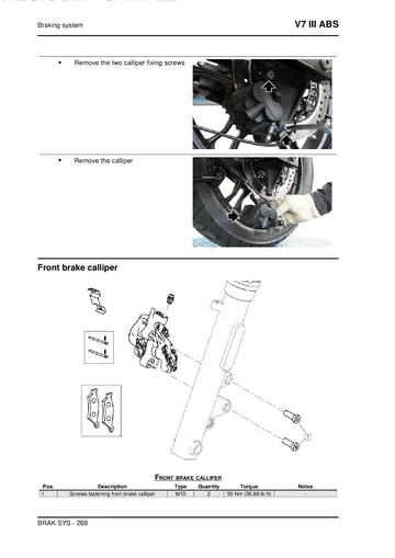 Moto Guzzi V7 III ABS Service Manual (2017-2020) Sample Preview: Front brake caliper removal steps, exploded view and tightening torque table