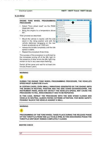 Moto Guzzi V85 TT / Travel / Strada Service Manual (2024) Sample Preview: Euro 5+ engine tone-wheel calibration and misfire diagnostic procedure