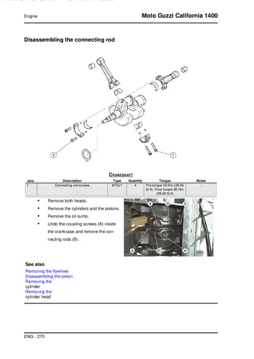 Moto Guzzi California 1400 Custom / Touring Service Manual (2013-2015) Sample Preview: V-twin connecting-rod service illustrations and crankshaft tightening data