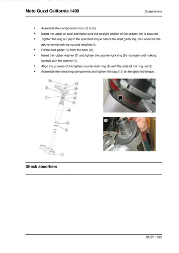 Moto Guzzi California 1400 Custom / Touring Service Manual (2013-2015) Sample Preview: Front fork internal components and reassembly service procedure