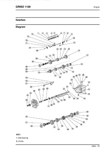 Moto Guzzi Griso 1100 Service Manual (2005-2008) Sample Preview: Six-speed gearbox exploded parts diagram with shaft and shift components