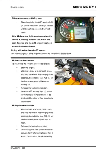 Moto Guzzi Stelvio 1200 MY11 Service Manual (2011) Sample Preview: Factory Stelvio ABS operation and system activation/deactivation instructions