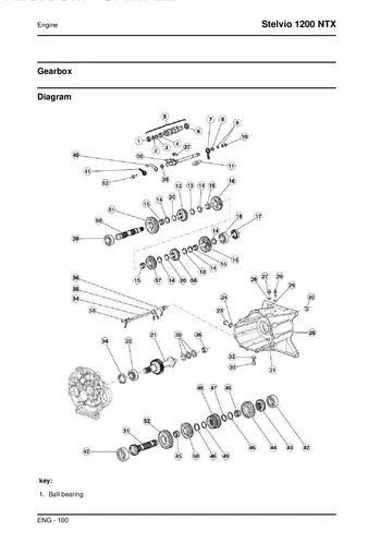 Moto Guzzi Stelvio 1200 NTX Service Manual (2010) Sample Preview: Six-speed gearbox exploded drawing and numbered components