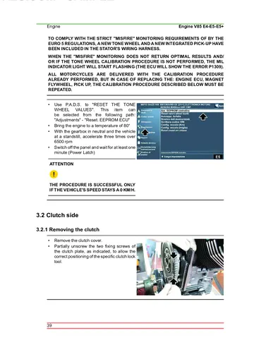 Moto Guzzi V85 TT Engine Service Manual (2019-2024) Sample Preview: Euro 5 tone-wheel calibration instructions and P.A.D.S. diagnosis procedure
