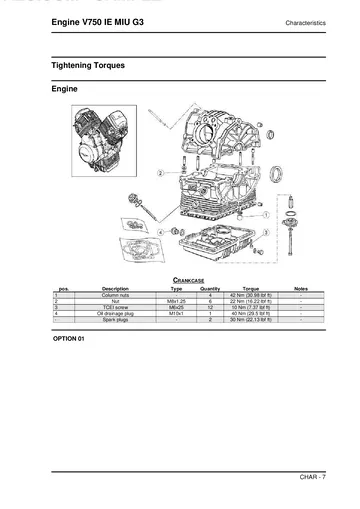 Moto Guzzi V750 IE MIU G3 Engine Supplementary Manual (2013-2015) Sample Preview: Factory engine crankcase fastening torque specifications