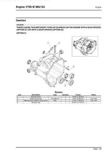 Moto Guzzi V750 IE MIU G3 Engine Supplementary Manual (2013-2015) Sample Preview: V750 gearbox configurations and component reference tables