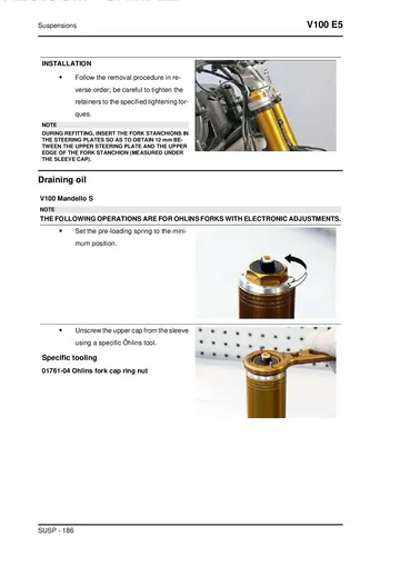 Moto Guzzi V100 Mandello / Mandello S Service Manual (2022-2023) Sample Preview: Mandello S Öhlins electronic fork oil draining and service instructions