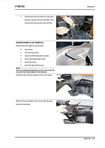 Moto Guzzi V100 Mandello / Mandello S Service Manual (2022-2023) Sample Preview: Adaptive aerodynamic side-flap actuator removal and bodywork procedures
