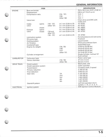 Honda CRF250R Service Manual (2004-2009) Sample Preview: Factory engine specifications showing annual compression ratios and Keihin carburetor changes