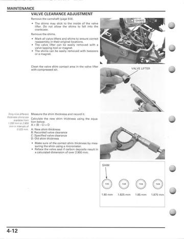 Honda CRF250R Service Manual (2004-2009) Sample Preview: Unicam valve-clearance adjustment and valve-shim measurement procedure