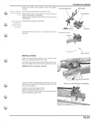Honda CRF250R Service Manual (2004-2009) Sample Preview: Rear hydraulic brake caliper installation, fastener torque and illustrated components