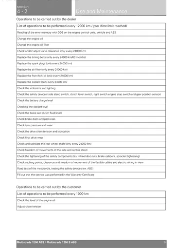 Ducati Multistrada 1200 ABS / 1200 S ABS Service Manual (2010) Sample Preview: Factory dealer 12,000-km annual maintenance chart and 24,000-km major service operations