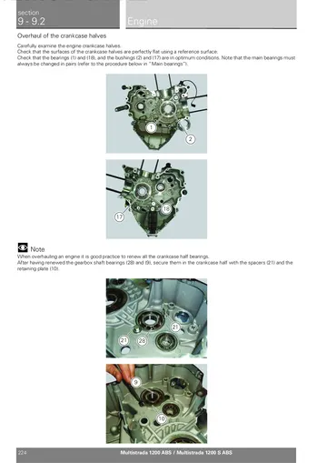 Ducati Multistrada 1200 ABS / 1200 S ABS Service Manual (2010) Sample Preview: Testastretta engine crankcase halves, bearing inspection and internal overhaul illustrations