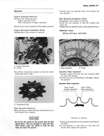 Kawasaki KX125 / KX250 / KX500 Service Manual (1988-2004) Sample Preview: Illustrated final-drive front sprocket replacement, chain and sprocket wear checks