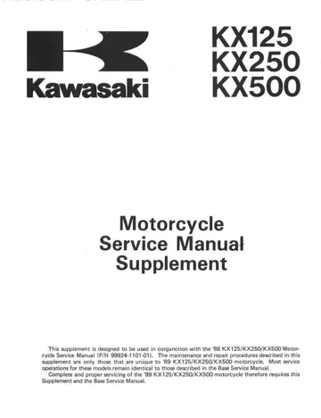 Kawasaki KX125 / KX250 / KX500 Service Manual (1988-2004) Sample Preview: Factory 1989 service supplement cover for KX125, KX250 and KX500, documenting G1 and E1 changes