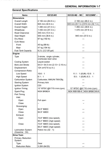 Kawasaki KX125 / KX250 Service Manual (2003-2008) Sample Preview: Factory KX125 specification table showing engine size, bore/stroke, Mikuni carburetor and compression variations
