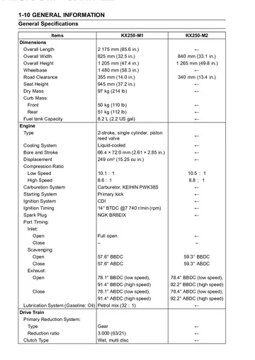 Kawasaki KX125 / KX250 Service Manual (2003-2008) Sample Preview: Factory KX250-M1 and KX250-M2 specifications showing 249 cc engine, Keihin carburetor and year-specific compression
