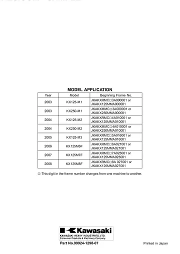 Kawasaki KX125 / KX250 Service Manual (2003-2008) Sample Preview: Factory model-application table: KX125 2003–2008 and KX250 2003–2004, with publication number