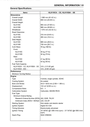 Kawasaki KLX110 / KLX110L Service Manual (2010-2014) Sample Preview: Factory specifications showing 112 cc engine, 53.0 × 50.6 mm bore and stroke, and KLX110C/KLX110D seat-height differences