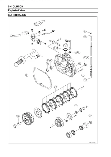Kawasaki KLX110 / KLX110L Service Manual (2010-2014) Sample Preview: KLX110D (KLX110L) manual clutch exploded-view diagram showing clutch plates and operating mechanism