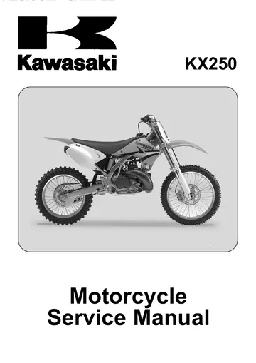 Kawasaki KX250 Service Manual (2005-2008) Sample Preview: Original Kawasaki KX250 factory Motorcycle Service Manual cover with an R-series motocross motorcycle