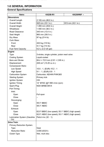 Kawasaki KX250 Service Manual (2005-2008) Sample Preview: 2005–2008 Kawasaki KX250 factory specifications including 249 cc two-stroke engine, bore/stroke, compression and carburetor