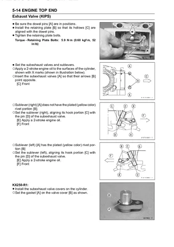 Kawasaki KX250 Service Manual (2005-2008) Sample Preview: Illustrated KIPS exhaust sub-valve and actuator installation and alignment procedures