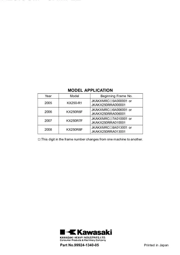 Kawasaki KX250 Service Manual (2005-2008) Sample Preview: Kawasaki factory MODEL APPLICATION table listing 2005 KX250-R1 through 2008 KX250R8F and publication number 99924-1340-05