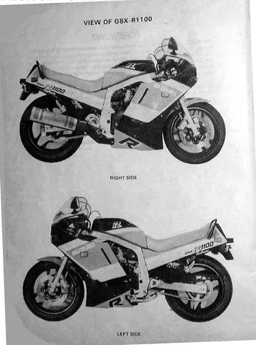 Suzuki GSX-R1100 Service Manual (1986-1987) Sample Preview: Original Suzuki GSX-R1100 factory manual showing both sides of the early-generation motorcycle