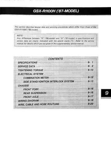 Suzuki GSX-R1100 Service Manual (1986-1987) Sample Preview: Original GSX-R1100H (1987 model) factory supplementary service section cover and contents
