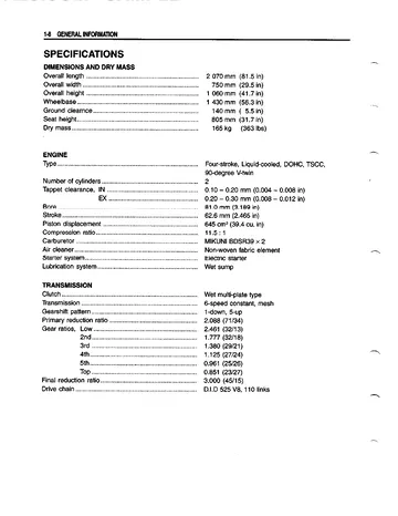 Suzuki SV650 Service Manual (1999-2000) Sample Preview: 1999 SV650X factory engine, Mikuni carburetor, clutch and six-speed transmission specifications
