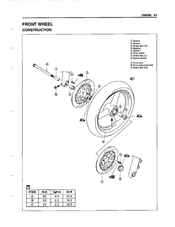 Suzuki SV650 Service Manual (1999-2000) Sample Preview: Factory front wheel and disc-brake exploded diagram with service torque references