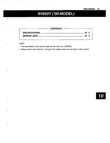 Suzuki SV650 Service Manual (1999-2000) Sample Preview: 2000 SV650Y factory supplemental section listing specifications and service data