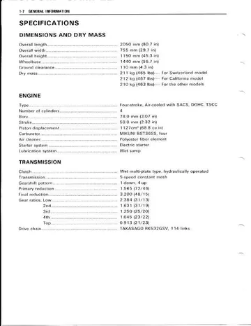 Suzuki GSX-R1100 Service Manual (1989-1992) Sample Preview: 1989 GSX-R1100K factory engine, transmission and final-drive specification table