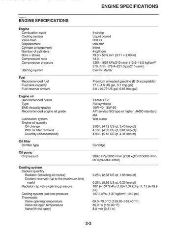 Yamaha YZF-R1 / YZF-R1M Service Manual (2020) Sample Preview: 2020 Yamaha 998 cc crossplane engine specifications, 79.0 × 50.9 mm bore/stroke and 13.0:1 compression