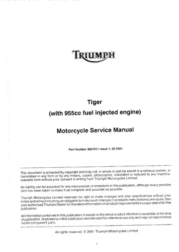 Triumph Tiger 955i Service Manual (2001) Sample Preview: Triumph original 2001 Tiger 955 cc factory manual title page, part number 3857017 and issue 1