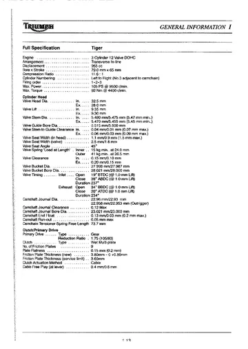 Triumph Tiger 955i Service Manual (2001) Sample Preview: Original factory 955 cc engine specifications with 79.0 × 65.0 mm bore/stroke and 11.6:1 compression