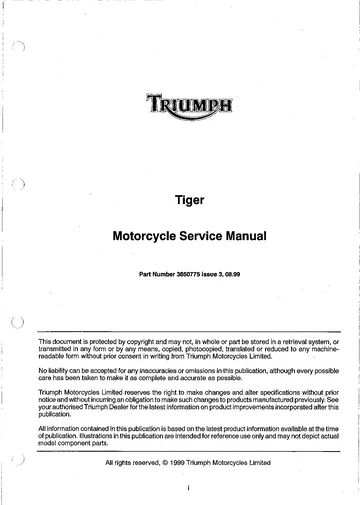 Triumph Tiger 885i Service Manual (1999-2000) Sample Preview: Original Triumph Tiger motorcycle factory workshop manual title page, part number 3850775, issue 3 August 1999