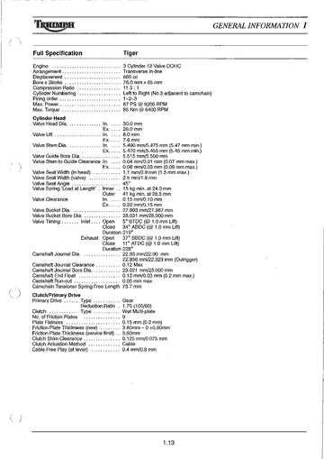 Triumph Tiger 885i Service Manual (1999-2000) Sample Preview: Factory 885 cc DOHC inline-three engine specifications, 76.0 × 65.0 mm bore/stroke and 11.3:1 compression