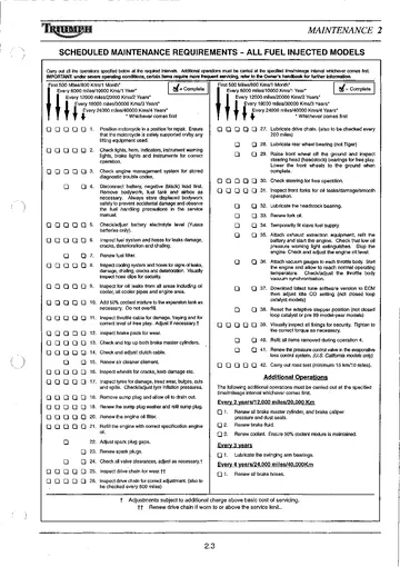 Triumph Tiger 885i Service Manual (1999-2000) Sample Preview: Scheduled maintenance requirements and service intervals for Triumph fuel-injected Tiger models