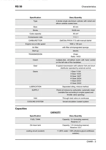 Aprilia RS 50 Service Manual (2006) Sample Preview: Factory engine, carburettor, clutch, six-speed transmission and capacity specifications for the 49 cm³ two-stroke RS 50