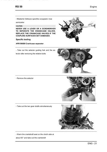 Aprilia RS 50 Service Manual (2006) Sample Preview: Factory internal engine-overhaul procedure showing crankcase separation, selector mechanism and gearbox removal
