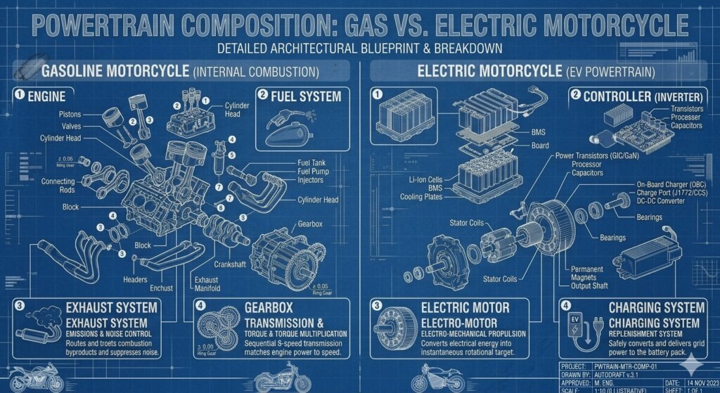powertrain composition gas vs electric motorcycle